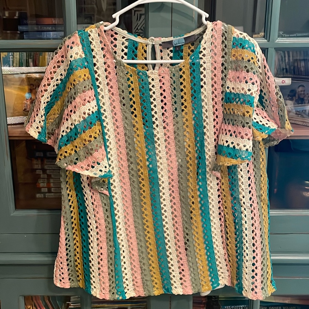 Anthropologie Striped Crochet Eyelet Blouse in Pink, Teal, Mustard, Cream